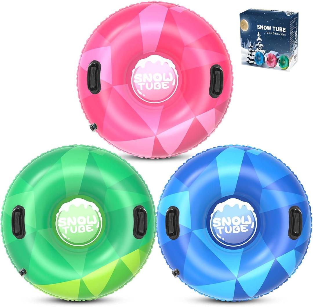 WOLKEK 3Pack Snow Tubes, Snow Sled for Kids and Adults, Cold-Resistant Inflatable Snow Tube, Thickened Heavy Duty Sleds for Winter with Handles, Snow Toys, Snow Sleds for Family Activities Outdoor Fun (Green, Pink, Blue)