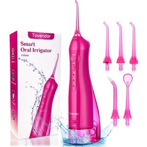 TOVENDOR Electric Water Dental Flosser Teeth Pick, Cordless Flossers Oral Irrigator IPX7 Waterproof 300ML Rechargeable Travel Water Teeth Cleaner with 5 Tips for Home Braces Care Gums Deep Cleaning (Rose Red)