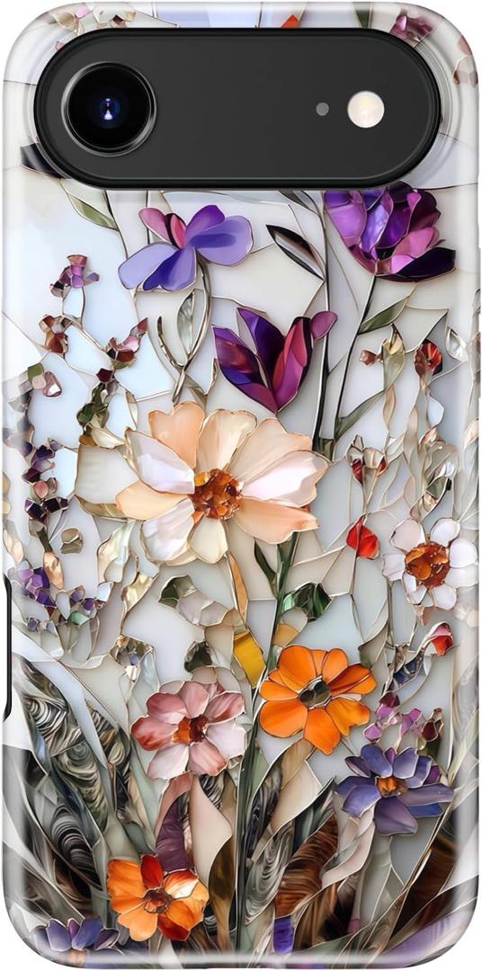for iPhone Air Case Cute - Wireless Charging Compatible - Dual-Layer Hard Shell + Silicone Cover - Aesthetic Protective Phone Case for iPhone 17 Air - Marble Pressed Flowers