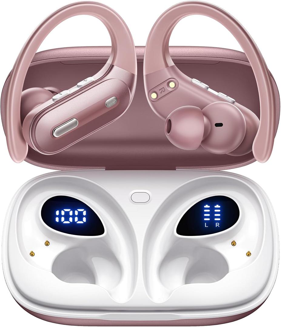 Wireless Earbuds Bluetooth 5.3 Headphones 90 Hrs Playtime Earbuds with Wireless Charging Case Power Display Over-Ear Earphones with Earhooks Waterproof Stereo for Android Phone (Pink)