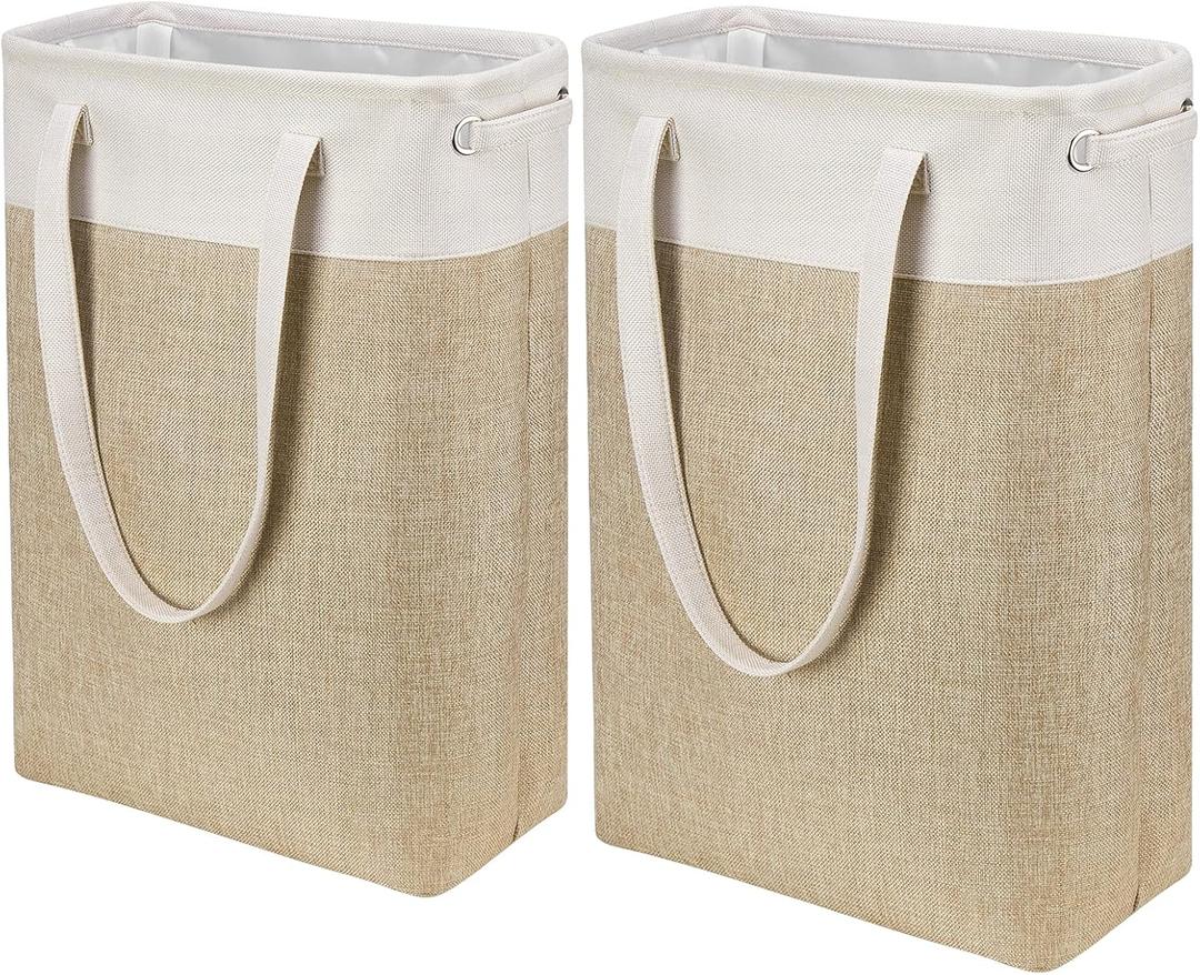 Laundry Hampers Tall Slim Laundry Baskets Thin Foldable Clothes Narrow Hamper for Laundry Storage Organizer Collapsible Hamper with White and Brown Imitated Burlap Patchwork,QY-SC24-2 (Beige + Khaki)