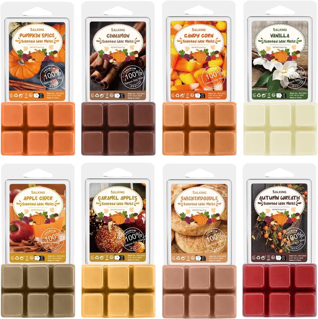 Autumn Scented Wax Melts, Fall Soy Wax Melts Gift Set, Wax Cubes/Tarts for Warmer - Pumpkin Spice, Caramel Apples, Candy Corn, Vanilla, Apple Cider, Cinnamon, Snickerdoodle, Autumn Wreath, 8x2.6 oz
