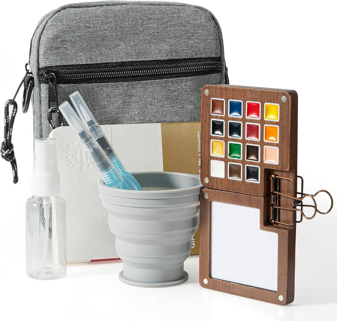 Mini Paint Palette Travel Kit - 15-Colors Pocket Artist Water Color Travel Set with Crossbody Bag, Watercolor Journal, Metal Clip, Paint Water Cup, Water Brush, Wooden Paint Box for Painters Artists