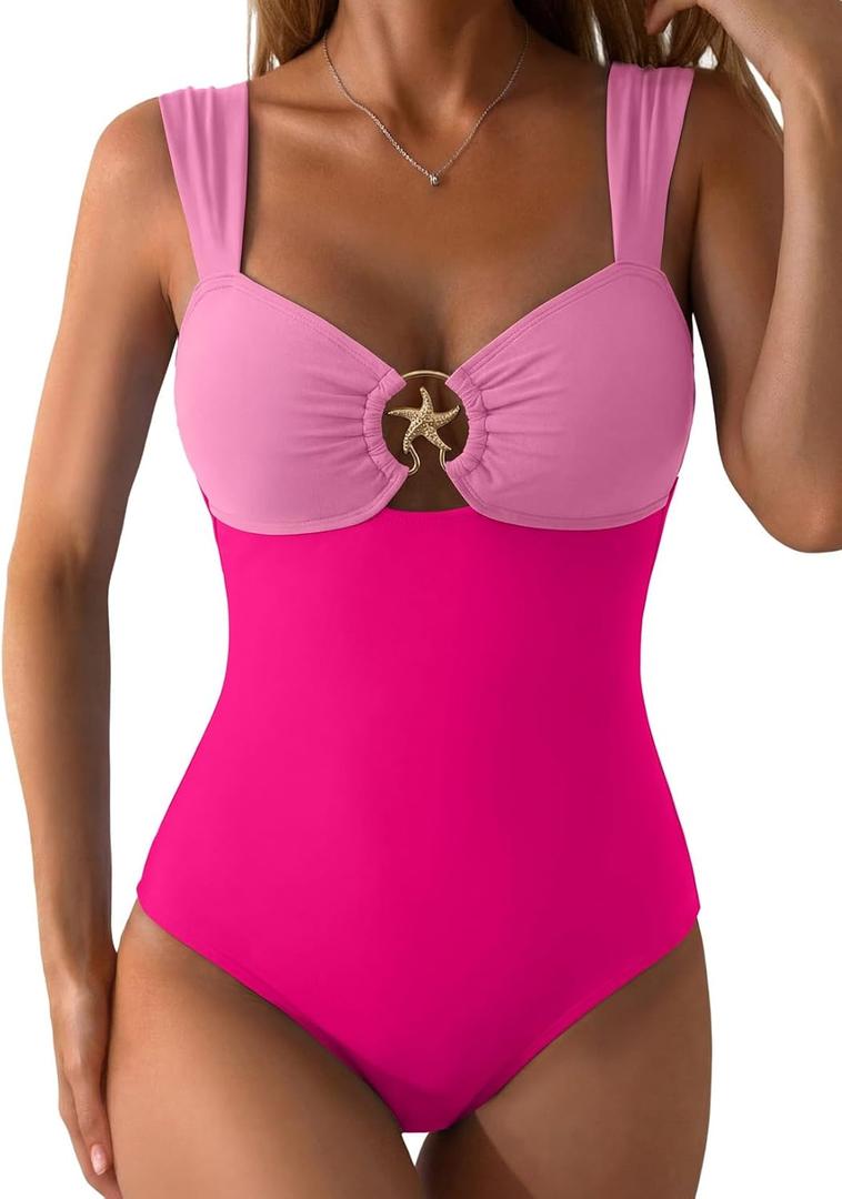 Herseas One Piece Swimsuit Women Tummy Control Slimming Bathing Suit Modest Swim Suits Full Coverage Shapewear Swimwear (Pink, L)