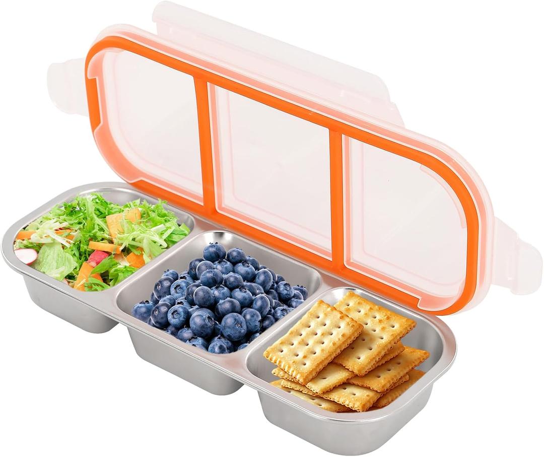 Xorim Stainless Steel Snack Containers, Reusable Stainless Steel Snack Box, 3 Compartments, Divided Food Storage Containers for School, Home and Travel, White Lid