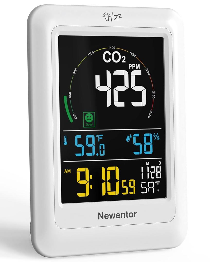 Newentor CO2 Monitor, Indoor Air Quality Meters, Carbon Dioxide Detector with Voice Alert, Large Display CO2 Tester, Temperature Humidity Sensor, Alarm Clock for Home, RV, Grow Tents, White (Pack of 1) Newentor CO2 Monitor, Indoor Air Quality Meters, Carbon Dioxide Detector with Voice Alert, Large Display CO2 Tester, Temperature Humidity Sensor, Alarm Clock for Home, RV, Grow Tents, White (Pack of 1)
