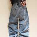 Men's Baggy Jeans Blossom Embroidery Pattern Wide Leg Y2K Jeans Mid Rise Denim Pants Streetwear (Blue, M)