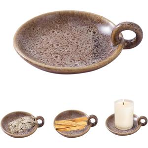 1pack Vintage Ceramic Candle Holders with Handle, Round Farmhouse Ceramic Plate Tray,Sage Holder for Burning,Incense Holder for Meditation Room Home Decor(Green)