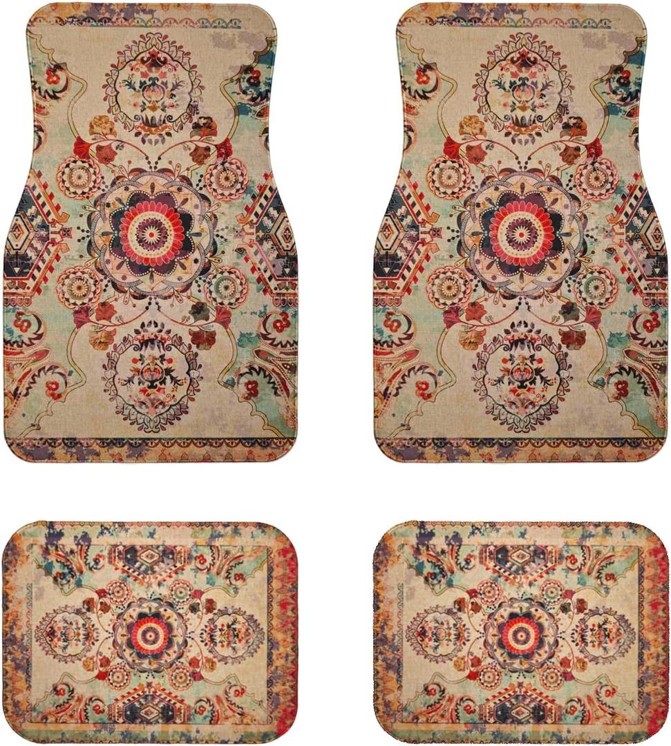 Luxury Car Floor Mats Full Set | Car Decor for Men Women | Vintage Oriental Pattern | Heavy Duty All-Weather Universal Rubber Liners | Non-Slip & Odor-Free