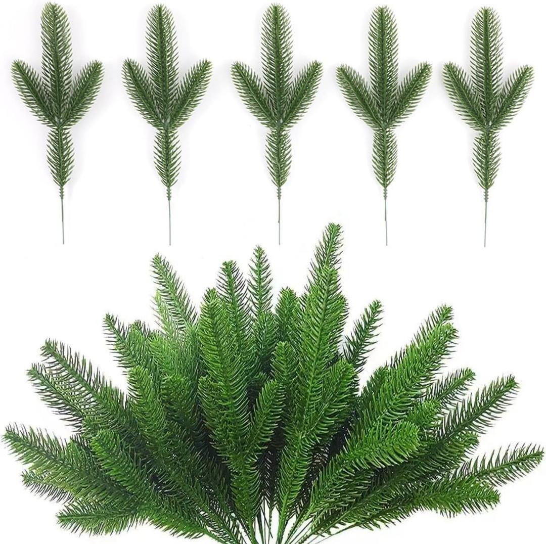 WEISPARK 30Pcs Artificial Pine Leaves Branches, Fake Greenery Pine Sprigs Faux Stems Picks for DIY Christmas Garland Wreath Embellishing and Home Garden Decoration