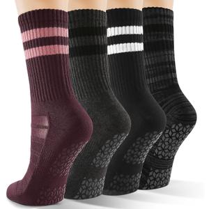 CS CELERSPORT Pilates Socks for Women, 4 Pairs Yoga Crew Non Slip Grip Socks for Barre Hospital Gym (Small, Black+grey+red)
