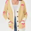 Saodimallsu Womens Oversized Cardigan Sweaters Bow Printed Button V Neck Long Sleeve Loose Knit Fall Trendy Coats Yellow (Yellow)