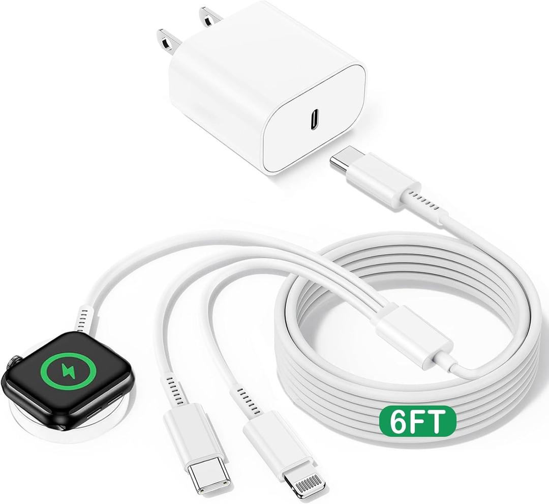 iWatch Charger for Apple Watch Charger Fast Charging, 6FT Multi Charging Cable with iPhone Charger USB C Block, 3-in-1 Travel Charger Cord for i-Watch Ultra 3/SE/11/10/9/8/7/6,iPhone 17/16/15/14/13/12