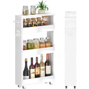 XYZLVSI Slim Storage Cart, 5 in Width, 4-Tier White Rolling Cart with Handle & Wooden Top for Kitchen Bathroom Laundry Narrow Places