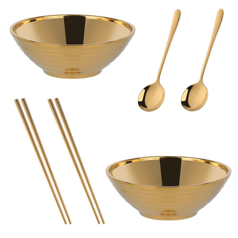 Buy THINGS！ Ramen Noodle Soup Bowl, 2 Sets Double Layer 18/ 8 Stainless Steel Bowl(8 inch), with Matching Spoon and Chopsticks （Gold）