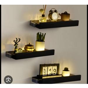 JERESER Floating Shelves with Invisible Brackets & Strip Lights, Protective Front Lip, Black Wood Wall Shelves Set of 3, Mounted Bookshelf, Bedroom, Bathroom, Living Room, Kitchen