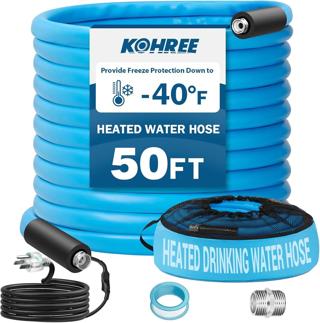 Kohree 50FT Heated Water Hose for RV, -40  Heated Drinking Water Hose 5/8", Heavy Duty Heated Hose for RV, Camper, Truck, Leak Free, Abrasion-Resistant Cover, Energy Saving Thermostat