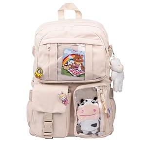 Thanps Kawaii Backpack for Girls, Cute Aesthetic Backpack with Pin Accessories Plush Pendant for School Girl Bookbag (Beige)