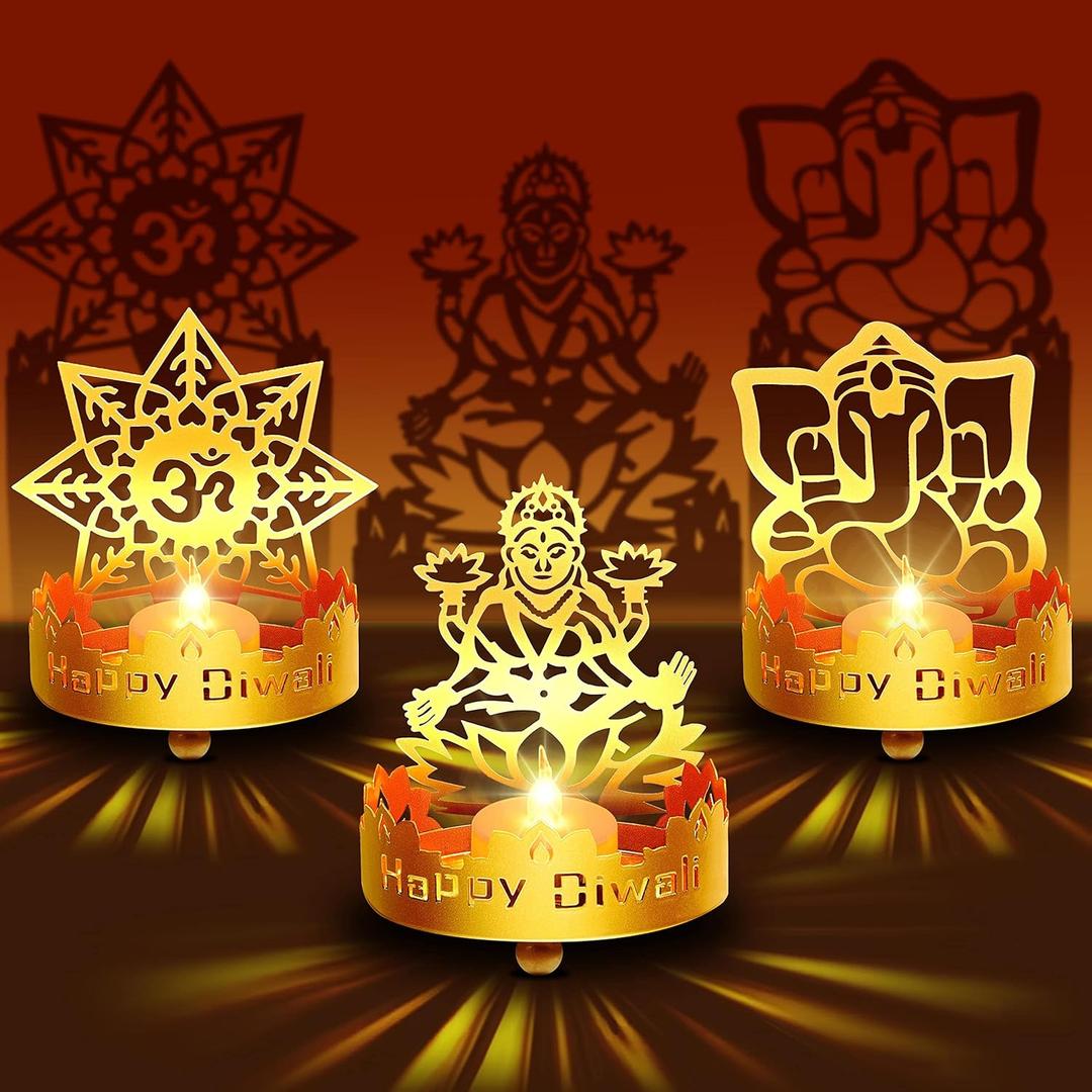 3 Pcs Lakshmi Ganesha Om Shadow Diya for Diwali Decoration Traditional Tea Light Holder Indian Return Gifts for Housewarming Religious Pooja Items Decorative Candle Light Stand for Home Office