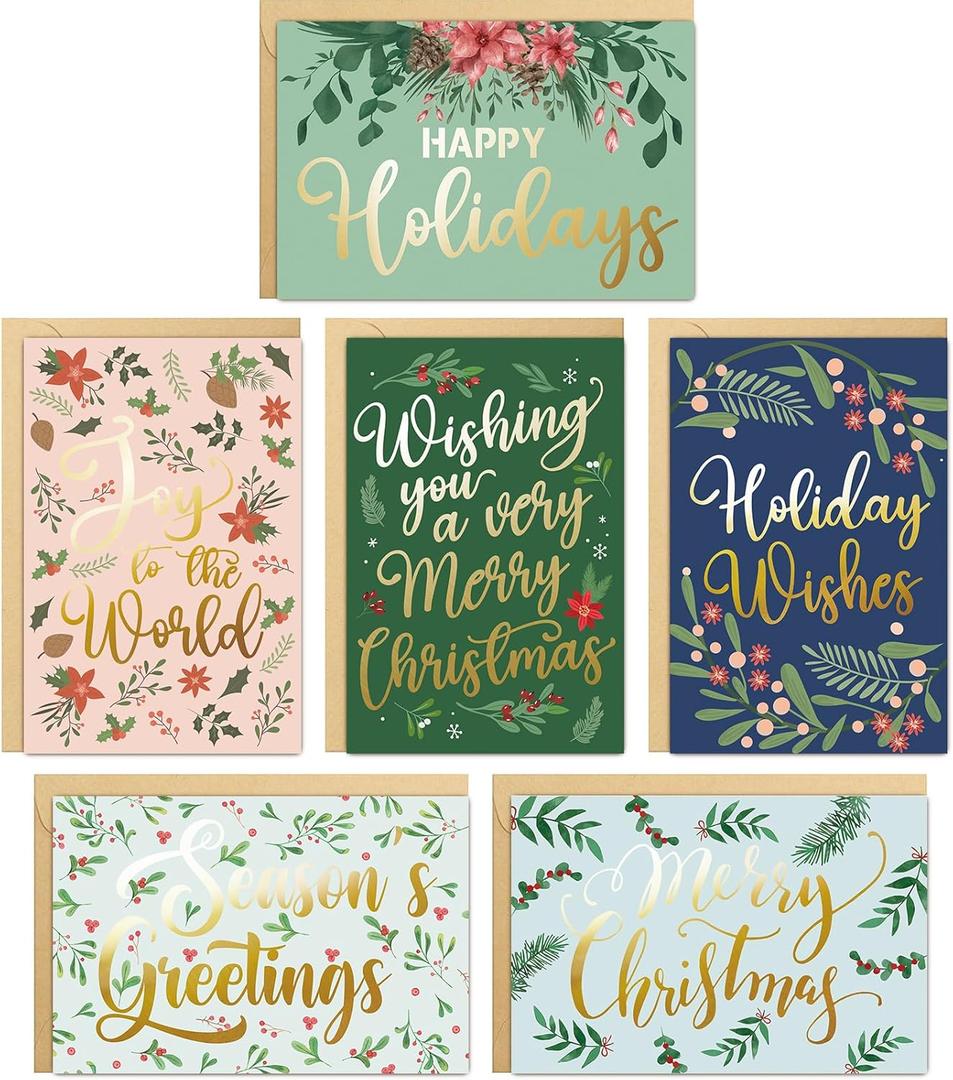 Spercy 24 Pack Gold Foil Christmas Card With Envelopes & Stickers, Holiday Season Greeting Cards for Family Friends, Xmas Greeting Cards And New Year Cards Bulk