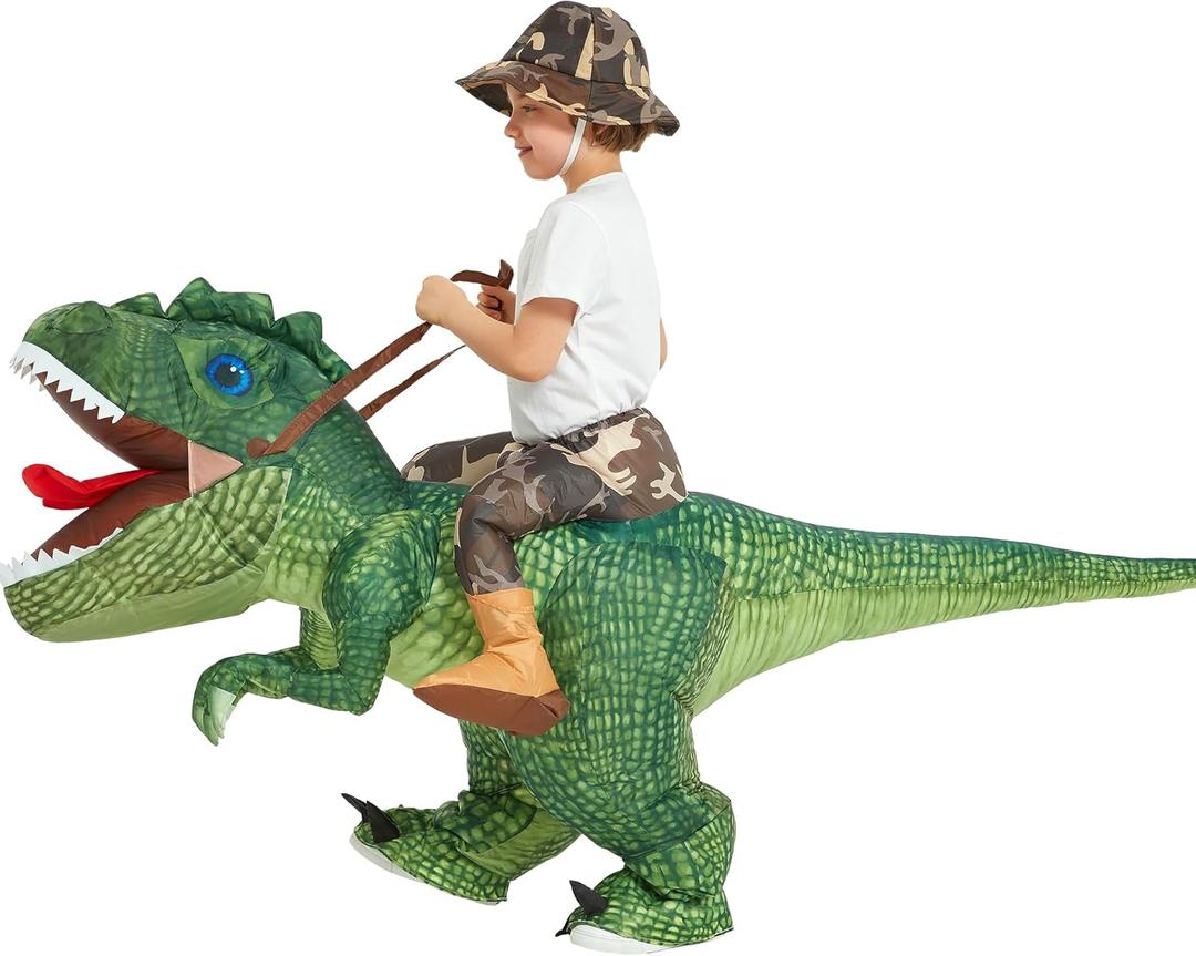 One Casa Inflatable Costume Dinosaur Riding T Rex Air Blow up Funny Party Halloween Costume for Kids (4-6 Yrs)