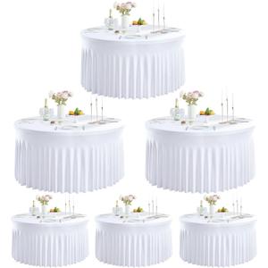Outpain 6 Pack White Round Spandex Tablecloth for 48Inch/4FT Tables - Stretchy Table Cloth with Skirt, Wrinkle-Free Fitted Cloth for Wedding Vendor, Banquet & Graduation Decor (108" Round)