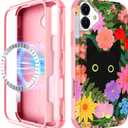 for iPhone 16 Plus Case - Compatible with MagSafe Women Girls Cute Magnetic Plustective Phone Cover Cat Flower Fashion Heavy Duty ShockPlusof Funda for Apple 16 Plus Cases