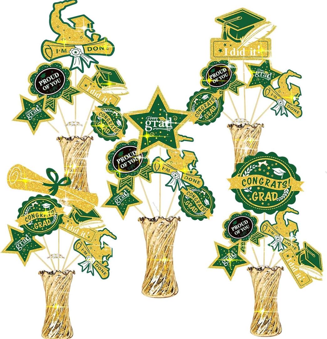 Graduation Party Decorations Green Gold 2026/Green Gold Graduation Decorations Table Centerpieces-24Pcs Green Gold Black Graduation Sticks Table Toppers for Graduation Party Class of 2026