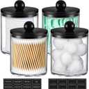 4 Pack Acrylic Qtip Holder Dispenser for Cotton Swabs, Balls, Pads, Floss - Plastic Canister Apothecary Jar Set, Bathroom Essentials Accessories Decor Vanity Makeup Storage Organizer - Clear & Black