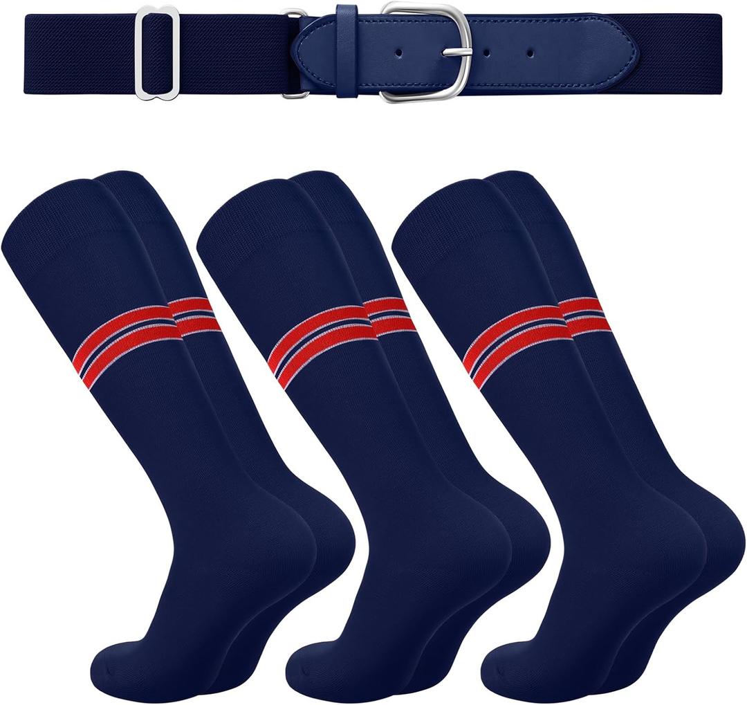 Ramede Youth Baseball or Softball Socks and Belt Combo Set Striped Softball Football Socks with Belt for Adult Boy Kid Girl (Small, Navy Blue)