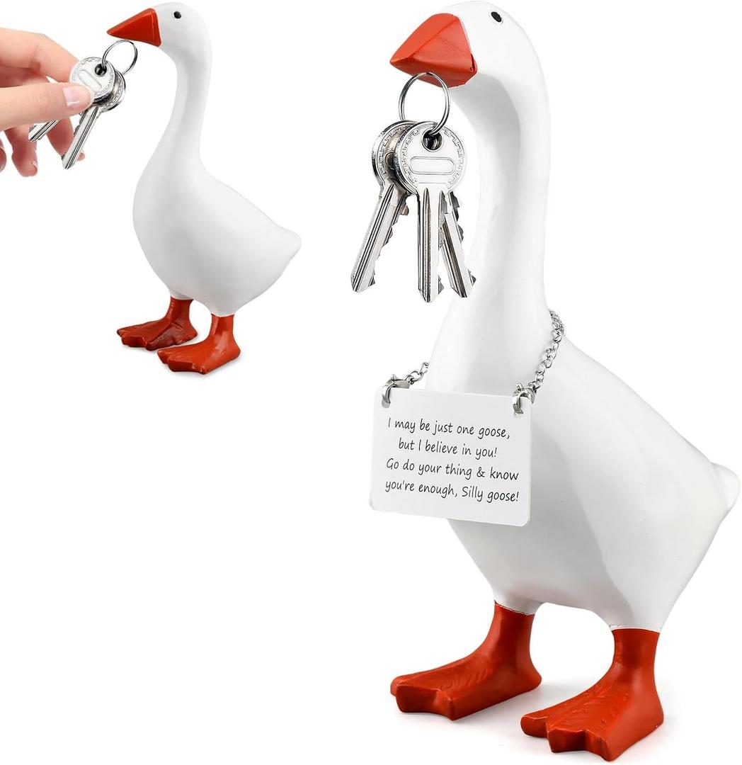 Magnetic Goose Key Holder with Card, 7 Inches Desktop Resin Goose Duck Statue Sculpture for Key Hanger (White)