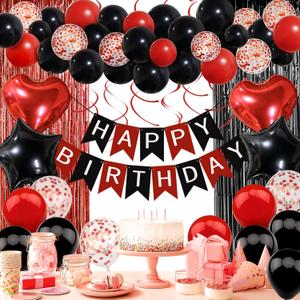Red and Black Birthday Decorations, Happy Birthday Banner, Confetti Balloons, Fringe Curtain, Heart Star Foil Balloons, Hanging Swirls for Women Girls Birthday Princess Party Decorations (Red Black)