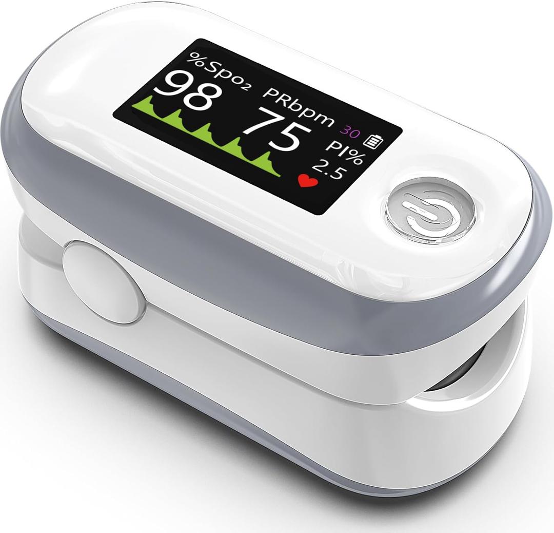 Pulse Oximeter, 4 Color OLED Display Oxygen Monitor Fingertip with 20  Memory, Blood Oxygen Saturation Monitor (SpO2), Alarm & Brightness Adjustable, Batteries & Lanyard (White)