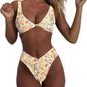 geluboao Bikini Set for Women Solid V Neck Knot Front Push Up High Leg Thong Two Piece Swimsuit (Large, Apricot Floral)