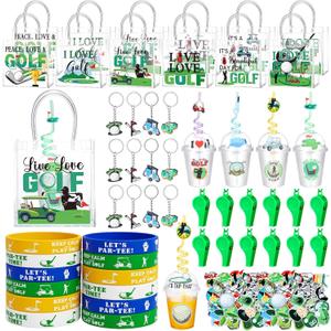 Sweetude 128 Pcs Golf Birthday Favors Set Include Stickers Handbags Straws Straw Lids Keychains Whistle Disposable Cups with Lids and Bands for Golf Themed Party Supplies