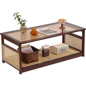 Welnow Rattan Coffee Tables for Living Room, Modern 2-Tier Coffee Table, Mid Century Rectangle Coffee Table with Storage Shelf & Glass Top, Large Boho Center Table for Apartment, Walnut, 42.5" X 20.8" X 16.5"