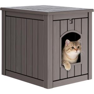 Cat Litter Box Enclosure, Enclosed Cat Litter Box Raised Floor, Openable Front Door Outdoor Cat House Weatherproof, Easy to Clean, Grey