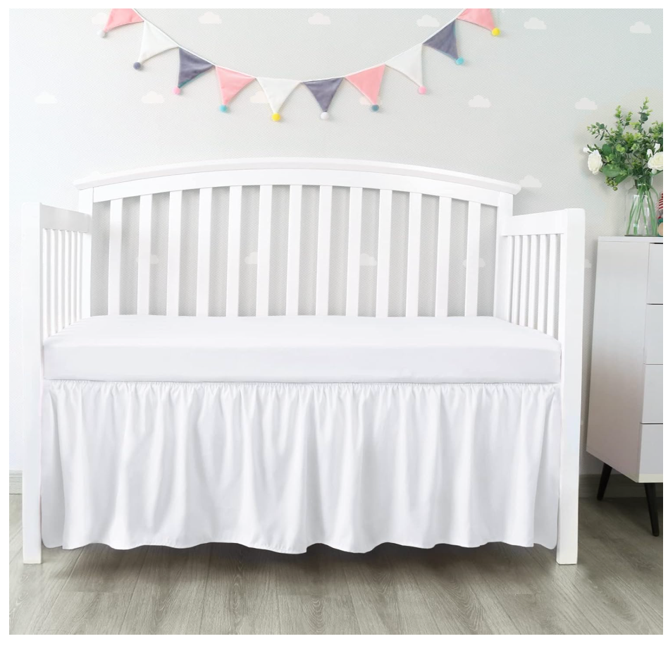 Crib Bed Skirt 28” x 52” with 14” Drop Pleated Dust Ruffle for Baby Boys Girls Elastic Adjustable Fit Toddler Bedskirt Easy On/Off Soft Nursery Standard Crib Bedding Skirts Solid White Crib Skirt