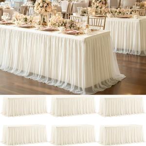6 Pack Ivory Tablecloth for 6 Foot Rectangle Tables with Tulle Table Skirt, 72" x 30"