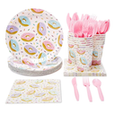 144 Piece Donut Grow Up Party Supplies, Serves 24 Guests Disposable Sprinkle Paper Plates, Cocktail Napkins, Cups, Cutlery, Two Sweet Birthday Party Decorations - Donut Plates