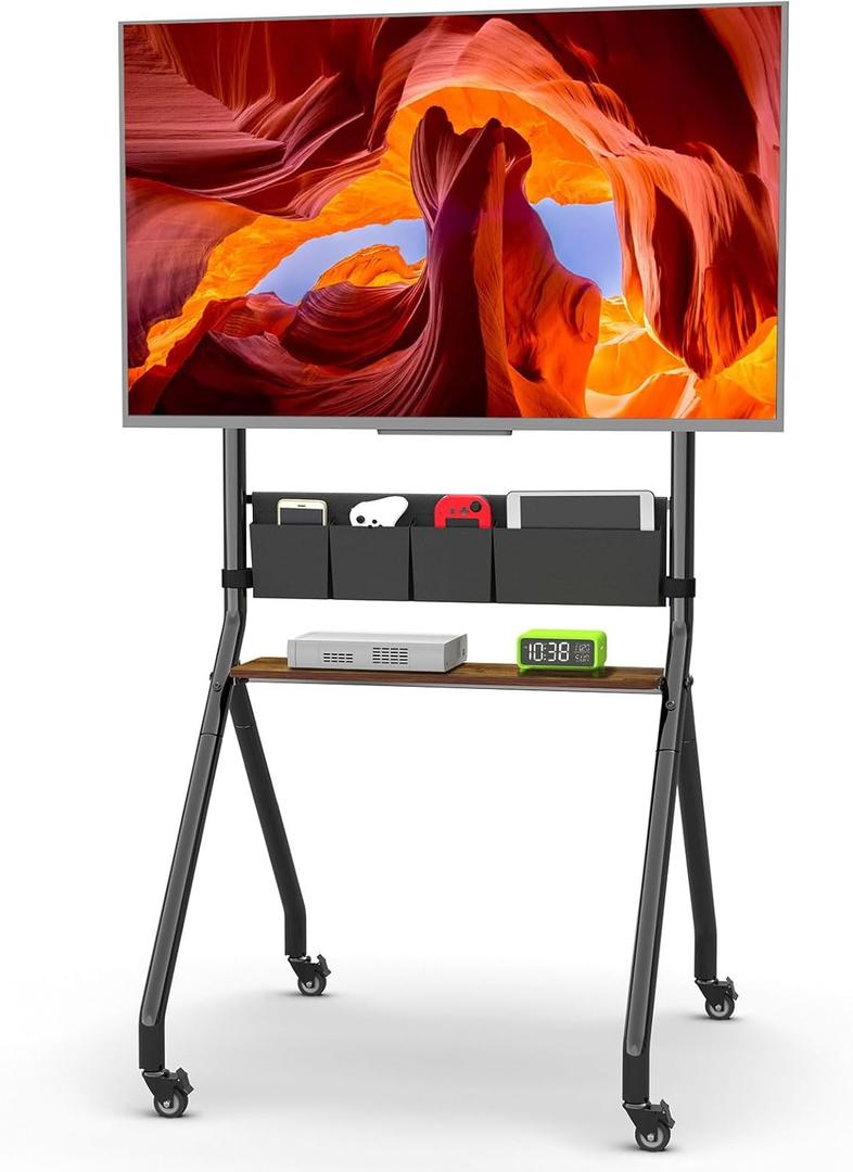 Rolling TV Stand with Storage for 32-75 Inch LCD/LED/OLED Flat/Curved Screens up to 220lbs Mobile TV Cart Anti-Collision Aesthetic Design Height Adjustable TV Stand with Wheels for Home Office