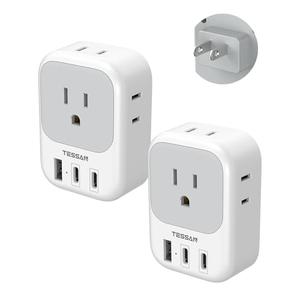 TESSAN US to Japan Plug Adapter 2 Pack,2 Prong to 3 Prong Outlet Adapter with 4 Outlets and 3 USB (2 USB-C), Power Adaptor US to Japan China Mexico Philippines Canada Peru Thailand Vietnam, Grey-white-Type A