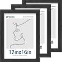12x16 Picture Frames Set - 3 Pack - Black Solid Wood Poster Frame - Tempered Glass - Exclusive Woodgrain - Rooms, Offices, Gallery, Studio, and Hallway, Wall Display Decor