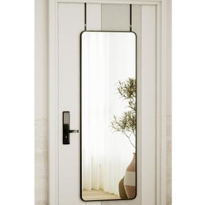 14"x48" Full Length Over The Door Mirror, Aluminum Alloy Frame Full Body Mirror with Height-Adjustable Hangers, Hanging Leaning Against Wall for Dorm, Black (Rounded Corner-black)