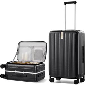 Hanke 24 Inch Checked Luggage PC Hard Shell Suitcases for Travel Front Opening Aluminum Frame Travel Luggage Rolling Suitcase with Wheels.(Jet Black)