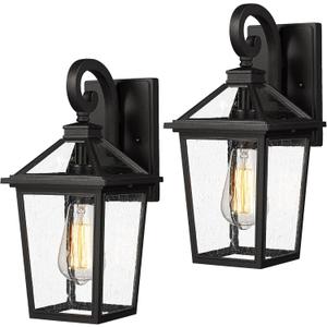 zeyu 2 Pack Outdoor Wall Sconces 14 Inch, Modern Farmhouse Outside Wall Mount Light for Front Door Courtyard, Die-Cast Aluminum with Seeded Glass in Black Finish, ZX58B-2PK BK