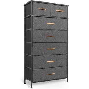 Mifuro Tall Dresser for Bedroom, Vertical Storage Organizer Tower with 7 Drawers, Chest of Drawers with Fabric Bins, Steel Frame, Wood Top for Bedroom, Closet, Entryway- Grey