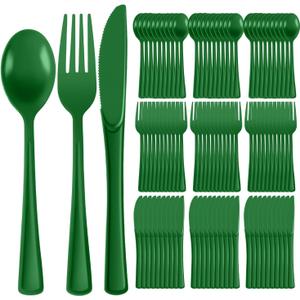 300 PCS Green Plastic Silverware Heavy Duty Disposable Green Utensils Sets Include 100 Plastic Forks, 100 Knives, 100 Spoons for Birthday, Picnic, Christmas, St. Patrick's Day
