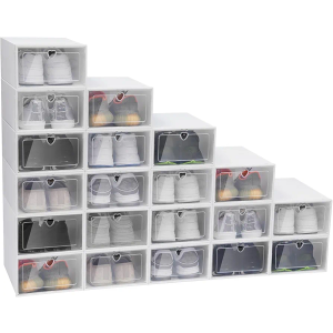 20 Pack Shoe Box Stackable Shoe Storage Organizer 13''×9''×5.5'' Closet Clear Plastic Shoe Cubby Bins with Acrylic Lids White Foldable Door Shoe Display Case Containers