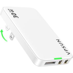 USB Wall Charger Block 30W,3 Port Ultra Thin Flat USB C Charging Plug,Foldable Power Adapter for iPad,iPhone 15/16,Samsung (White)